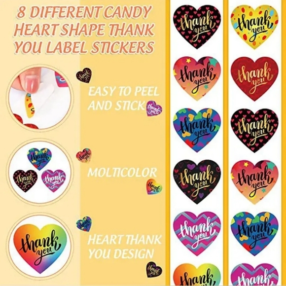 550 pcs 1 "Thank You" Stickers & Card Bundle Heart/Colorful NIP - Picture 6 of 7
